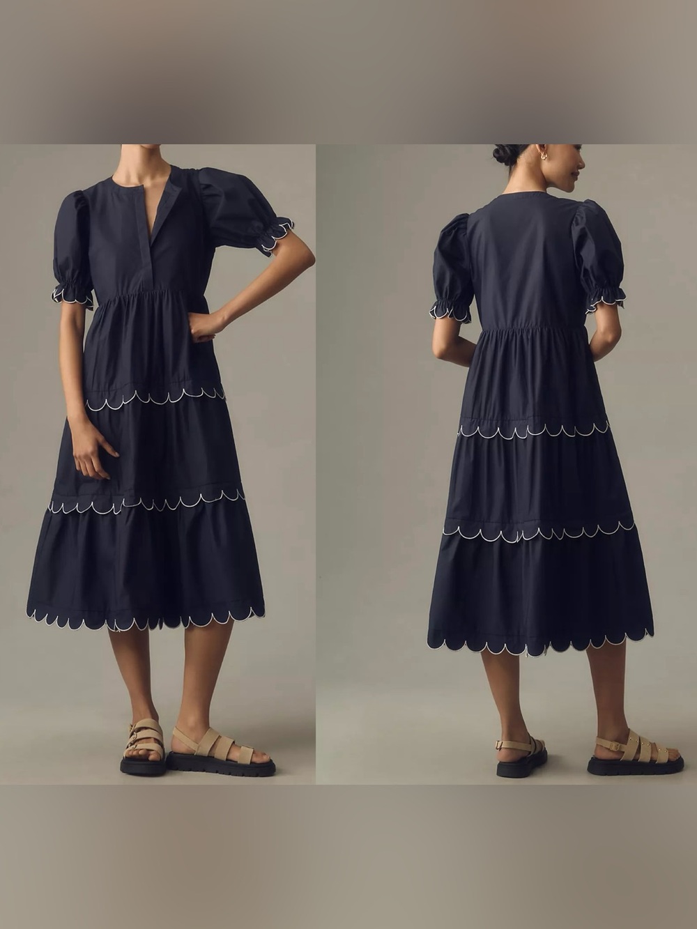 Anthropologie English Factory Midi Dress Scallop Edge Cottagecore Blue Size XS